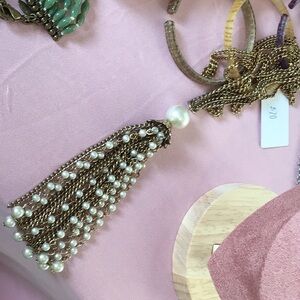 Long faux pearl tassel necklace, vintagege jewelry, unique jewelry